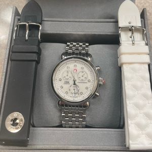 Michele Silver Watch with Black and White Straps